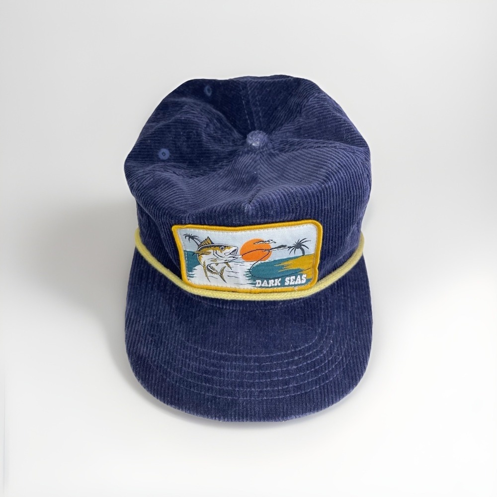 Y2K Dark Seas Corduroy Snapback Hat Fishing Patch Navy Skater Surf Cap